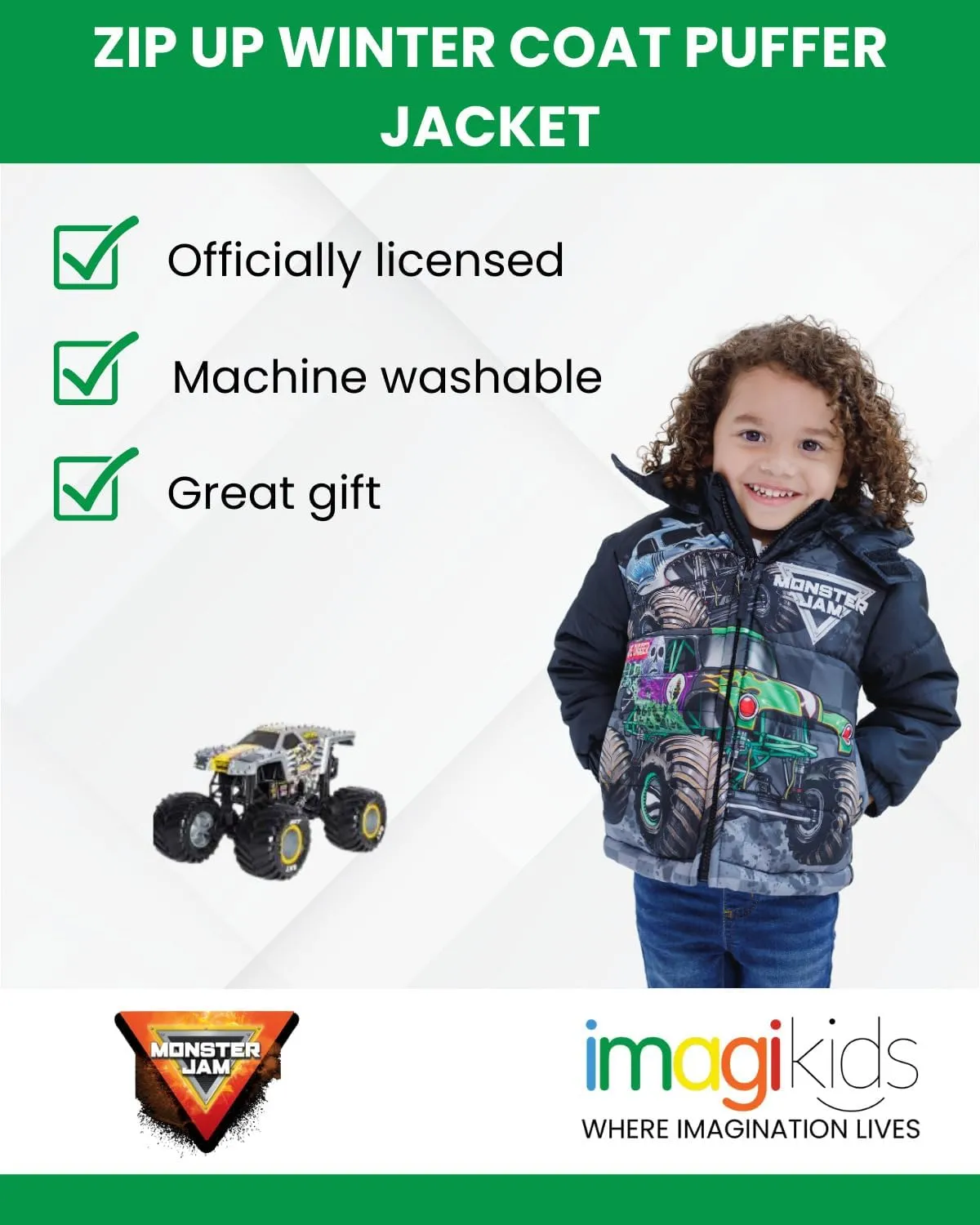 Monster Jam Zip Up Puffer Jacket Toddler to Little Kid Grave Digger El Toro Loco Megalodon