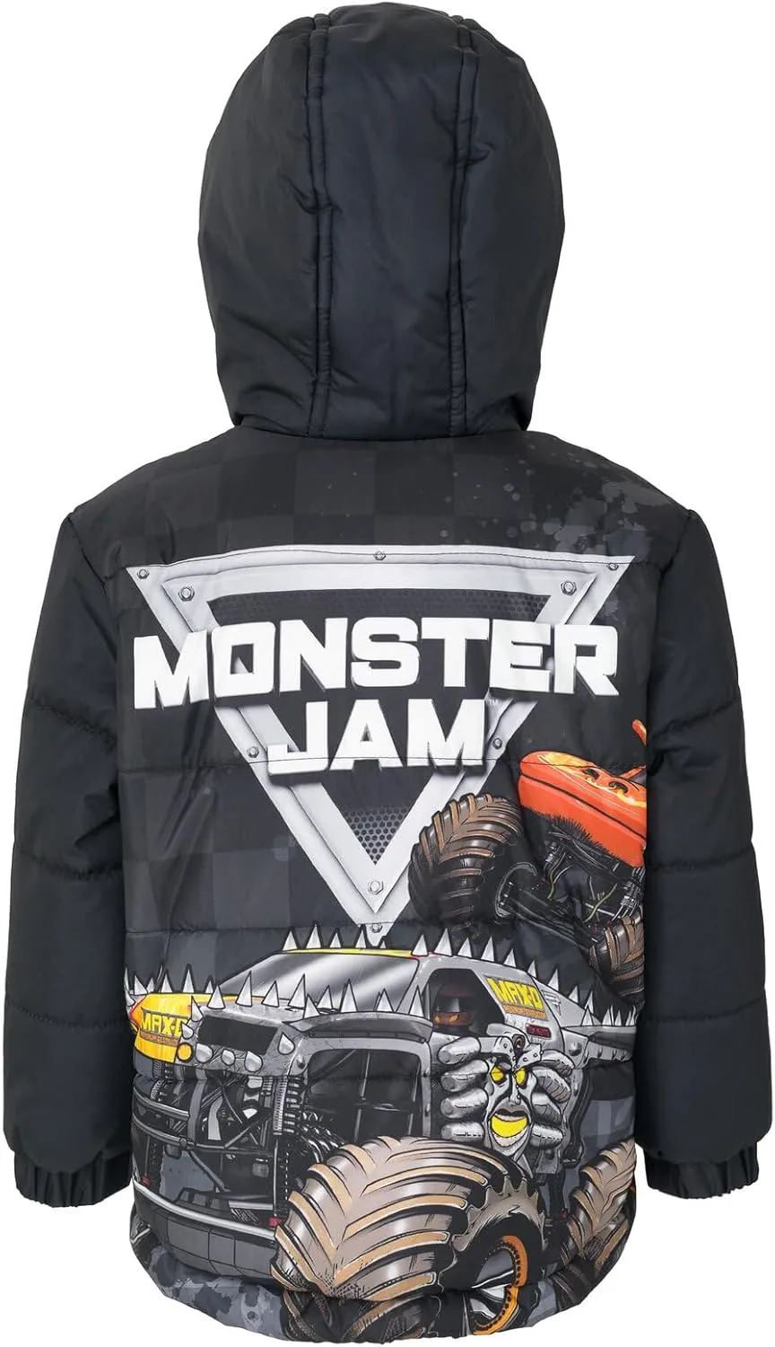 Monster Jam Zip Up Puffer Jacket Toddler to Little Kid Grave Digger El Toro Loco Megalodon