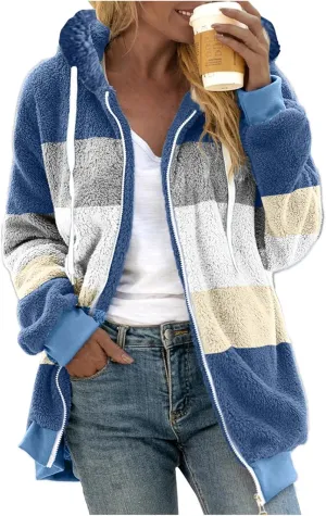 Muyise Womens Warm Fuzzy Zip Up Hoodie Oversized Sherpa Jacket Winter Fluffy Fleece Hooded Outerwear Coat with Pockets