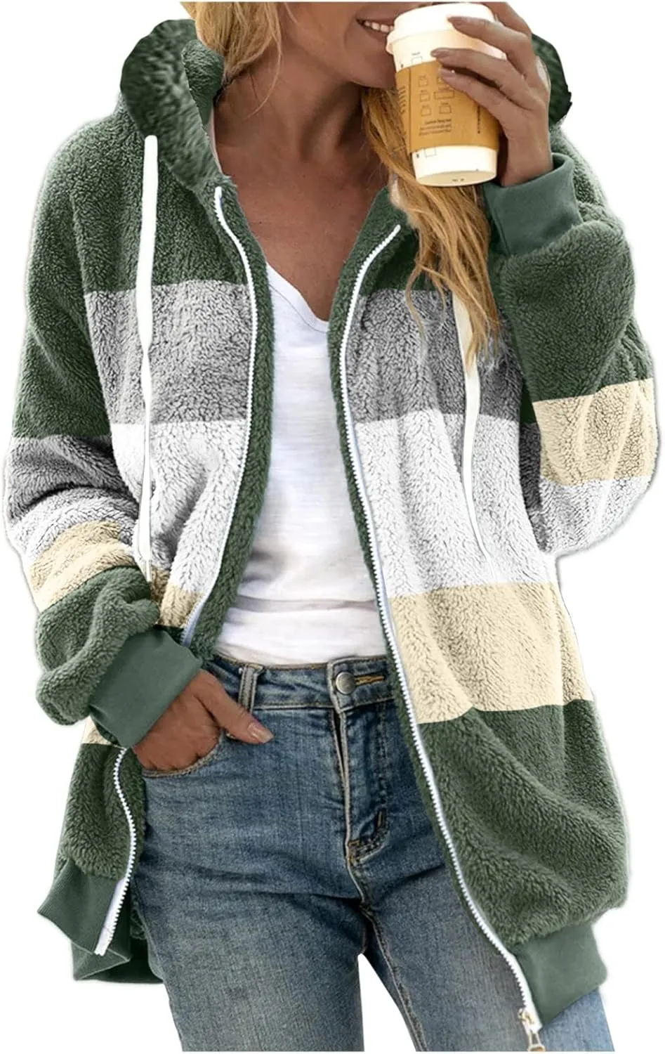 Muyise Womens Warm Fuzzy Zip Up Hoodie Oversized Sherpa Jacket Winter Fluffy Fleece Hooded Outerwear Coat with Pockets
