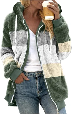 Muyise Womens Warm Fuzzy Zip Up Hoodie Oversized Sherpa Jacket Winter Fluffy Fleece Hooded Outerwear Coat with Pockets
