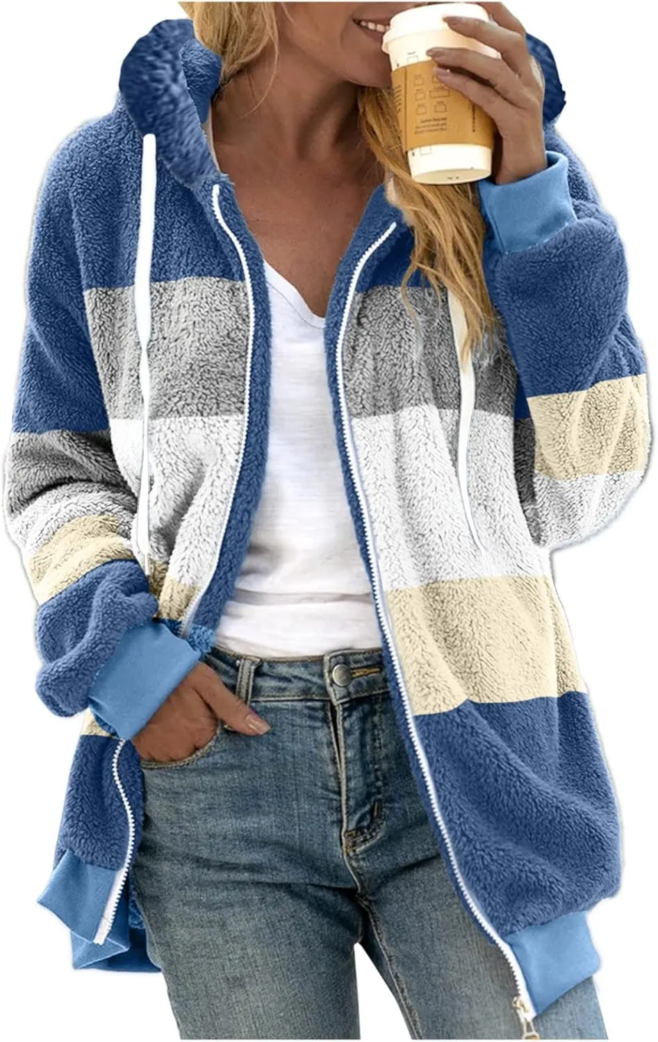 Muyise Womens Warm Fuzzy Zip Up Hoodie Oversized Sherpa Jacket Winter Fluffy Fleece Hooded Outerwear Coat with Pockets