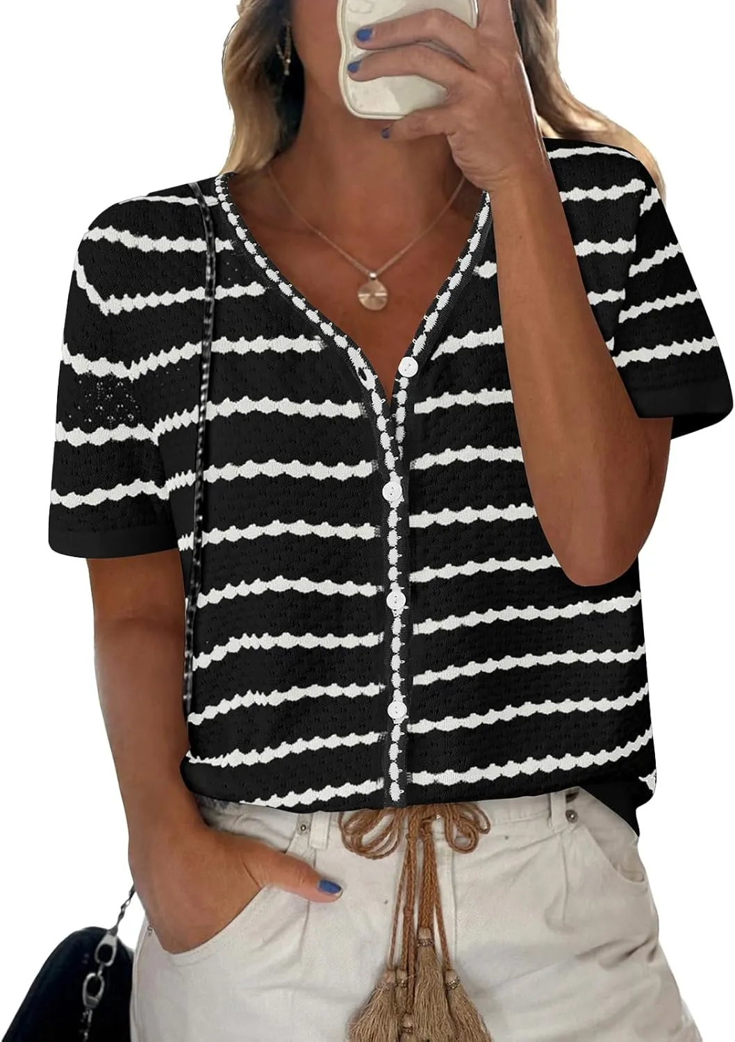 NALANISA Women's Short Sleeve Sweater Spring Summer Crochet Knit Tops 2025 V Neck Striped Button Down Dressy Casual Blouses