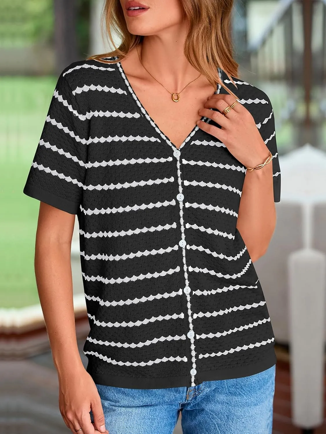 NALANISA Women's Short Sleeve Sweater Spring Summer Crochet Knit Tops 2025 V Neck Striped Button Down Dressy Casual Blouses