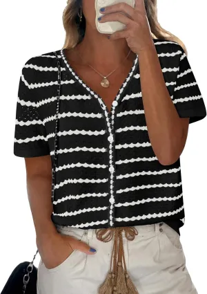 NALANISA Women's Short Sleeve Sweater Spring Summer Crochet Knit Tops 2025 V Neck Striped Button Down Dressy Casual Blouses