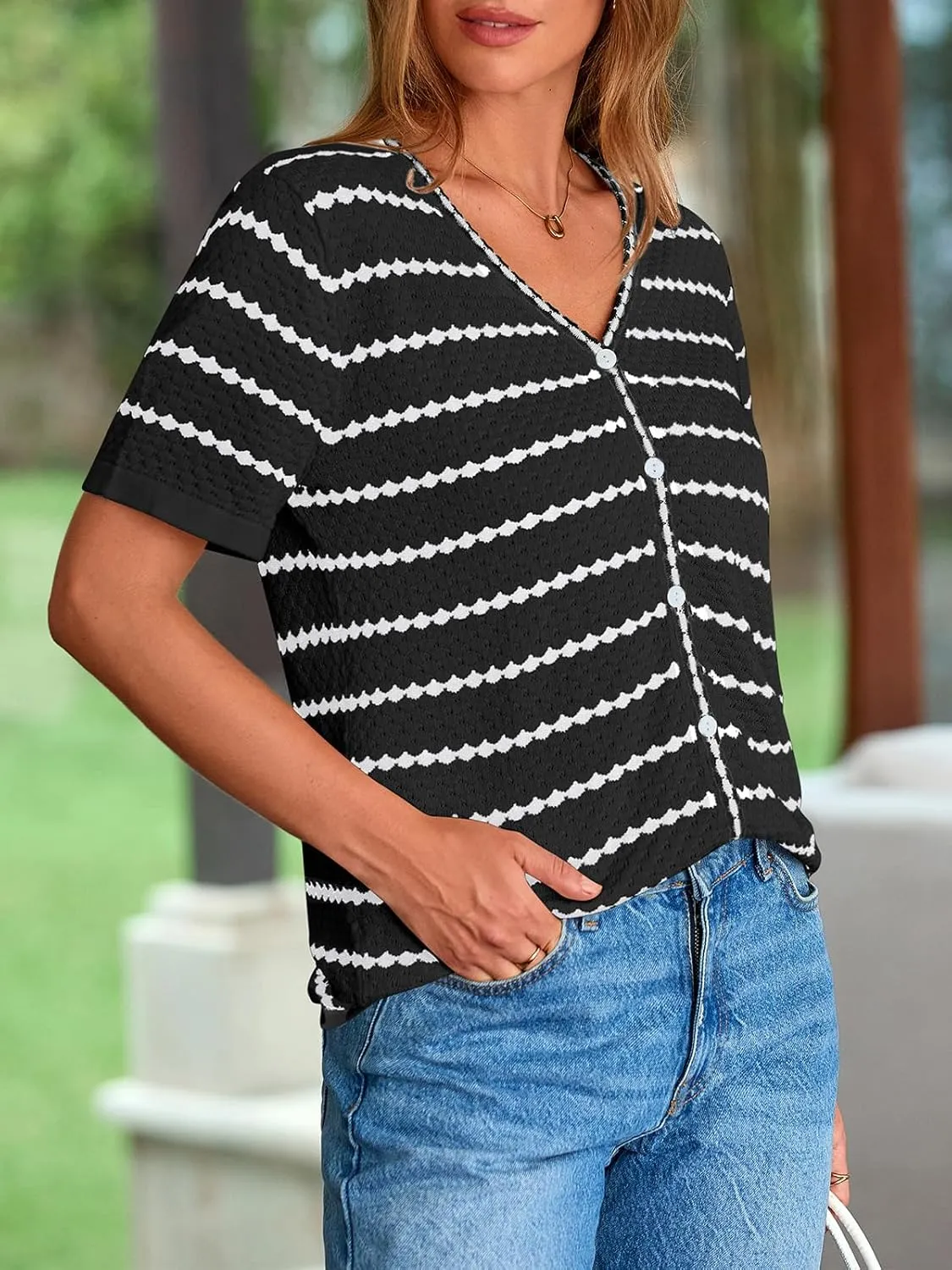 NALANISA Women's Short Sleeve Sweater Spring Summer Crochet Knit Tops 2025 V Neck Striped Button Down Dressy Casual Blouses