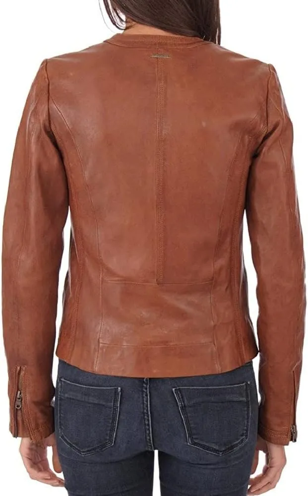 New Women's Lambskin Leather Jacket Stylish Slim Fit Motorcycle Brown Jacket WS005