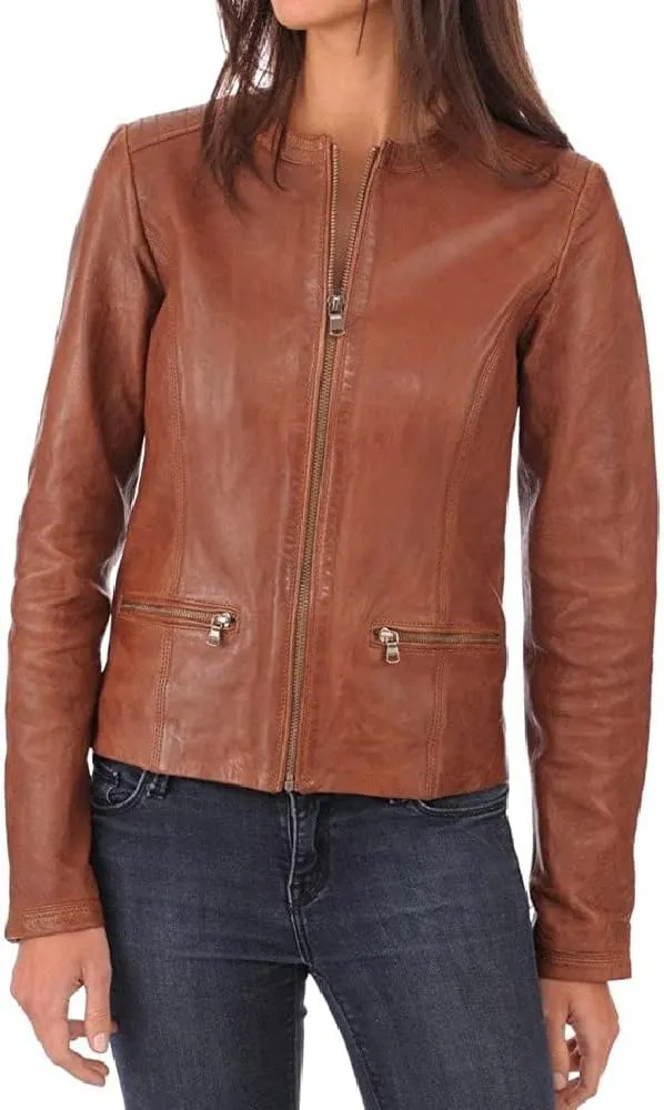 New Women's Lambskin Leather Jacket Stylish Slim Fit Motorcycle Brown Jacket WS005