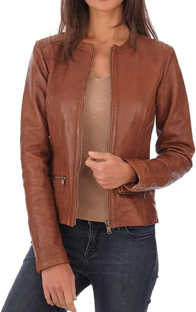New Women's Lambskin Leather Jacket Stylish Slim Fit Motorcycle Brown Jacket WS005