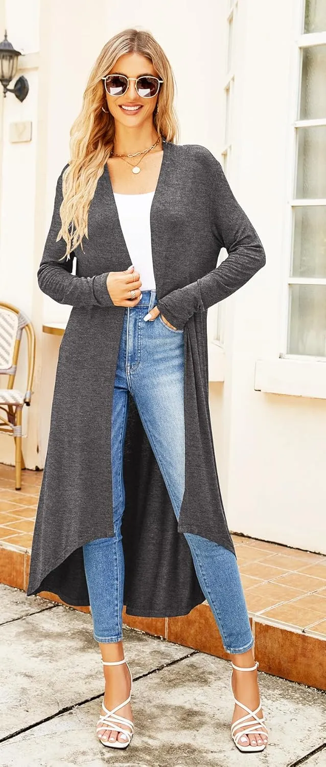 Newchoice Womens Long Cardigan Fall Casual Draped Open Front Lightweight Long Sleeve Cardigan Duster with Pockets