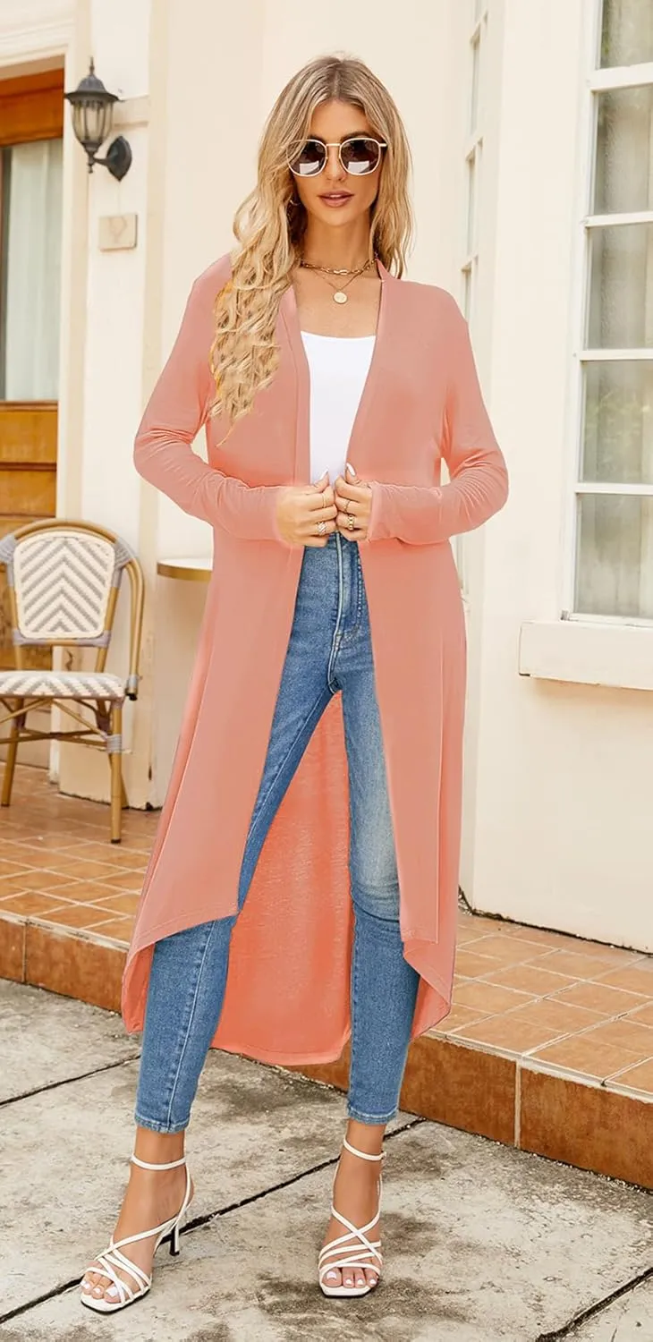 Newchoice Womens Long Cardigan Fall Casual Draped Open Front Lightweight Long Sleeve Cardigan Duster with Pockets