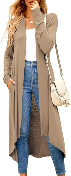 Newchoice Womens Long Cardigan Fall Casual Draped Open Front Lightweight Long Sleeve Cardigan Duster with Pockets