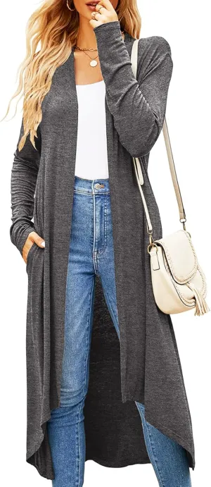 Newchoice Womens Long Cardigan Fall Casual Draped Open Front Lightweight Long Sleeve Cardigan Duster with Pockets