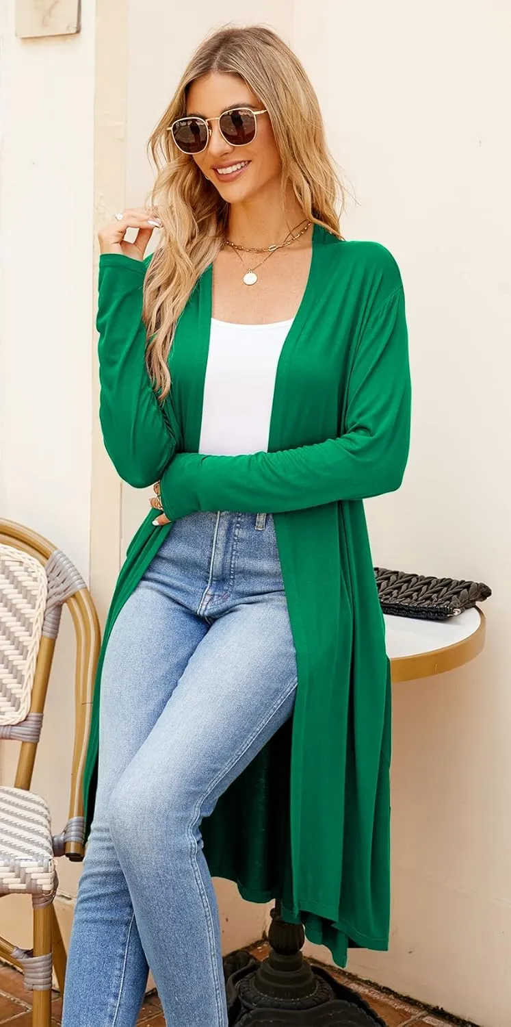 Newchoice Womens Long Cardigan Fall Casual Draped Open Front Lightweight Long Sleeve Cardigan Duster with Pockets