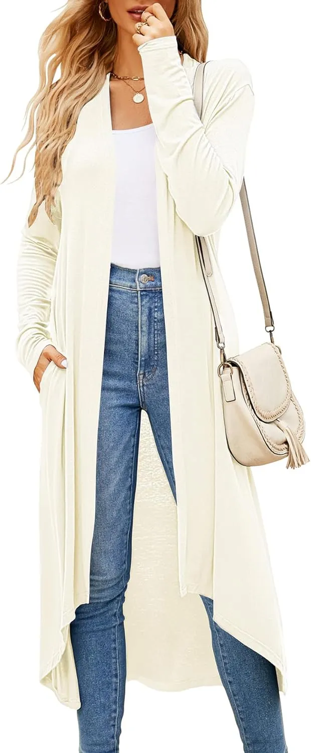 Newchoice Womens Long Cardigan Fall Casual Draped Open Front Lightweight Long Sleeve Cardigan Duster with Pockets