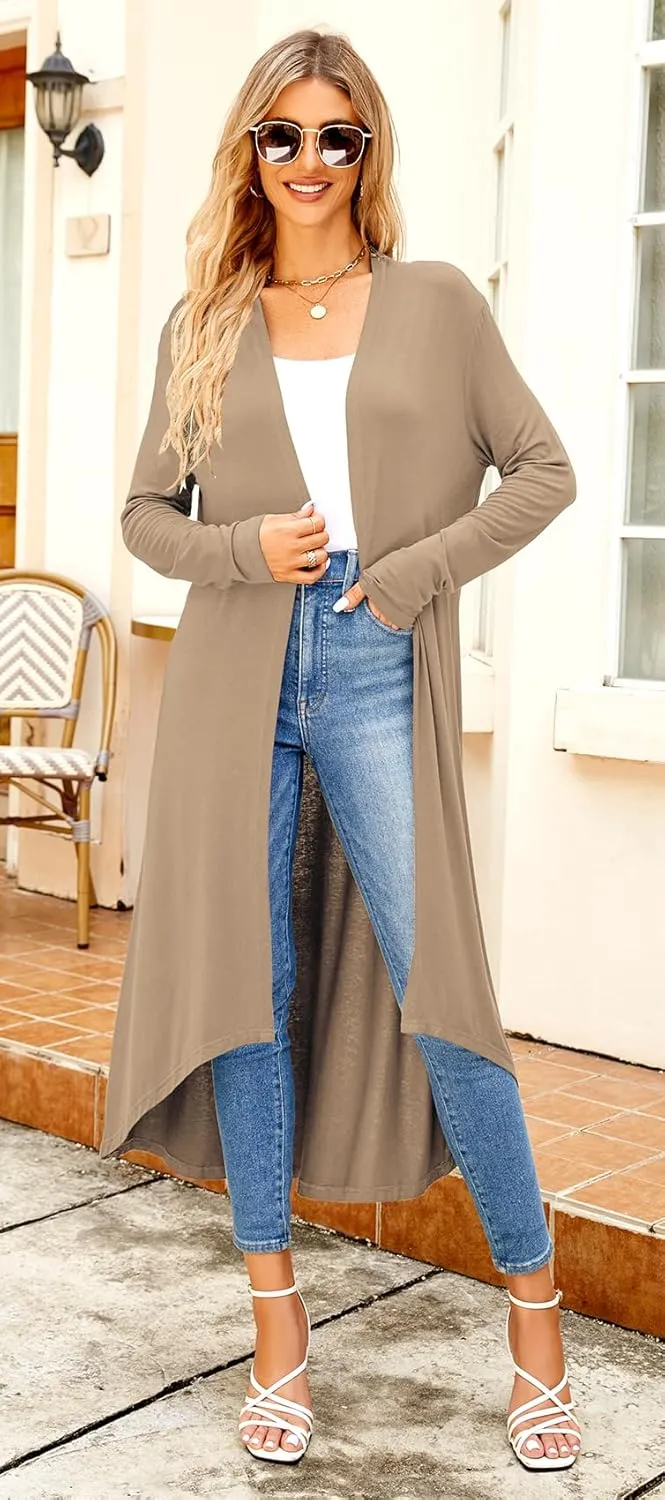 Newchoice Womens Long Cardigan Fall Casual Draped Open Front Lightweight Long Sleeve Cardigan Duster with Pockets