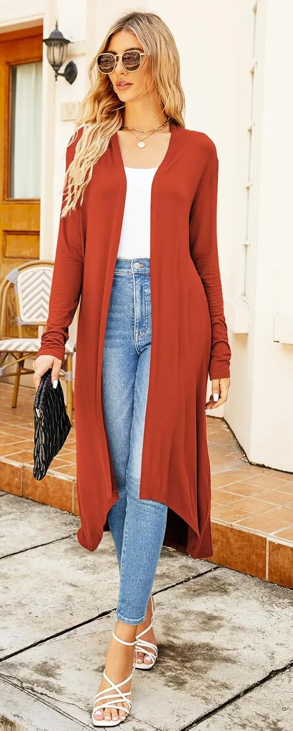 Newchoice Womens Long Cardigan Fall Casual Draped Open Front Lightweight Long Sleeve Cardigan Duster with Pockets