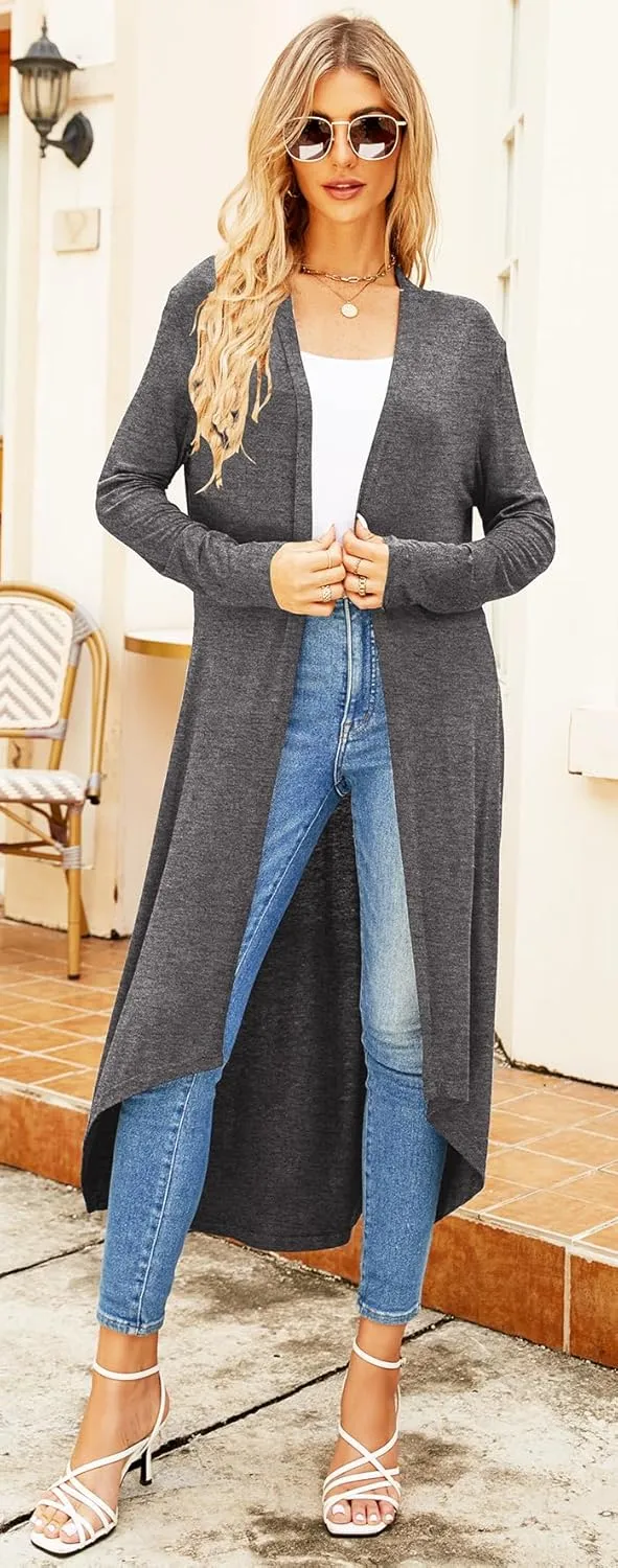 Newchoice Womens Long Cardigan Fall Casual Draped Open Front Lightweight Long Sleeve Cardigan Duster with Pockets