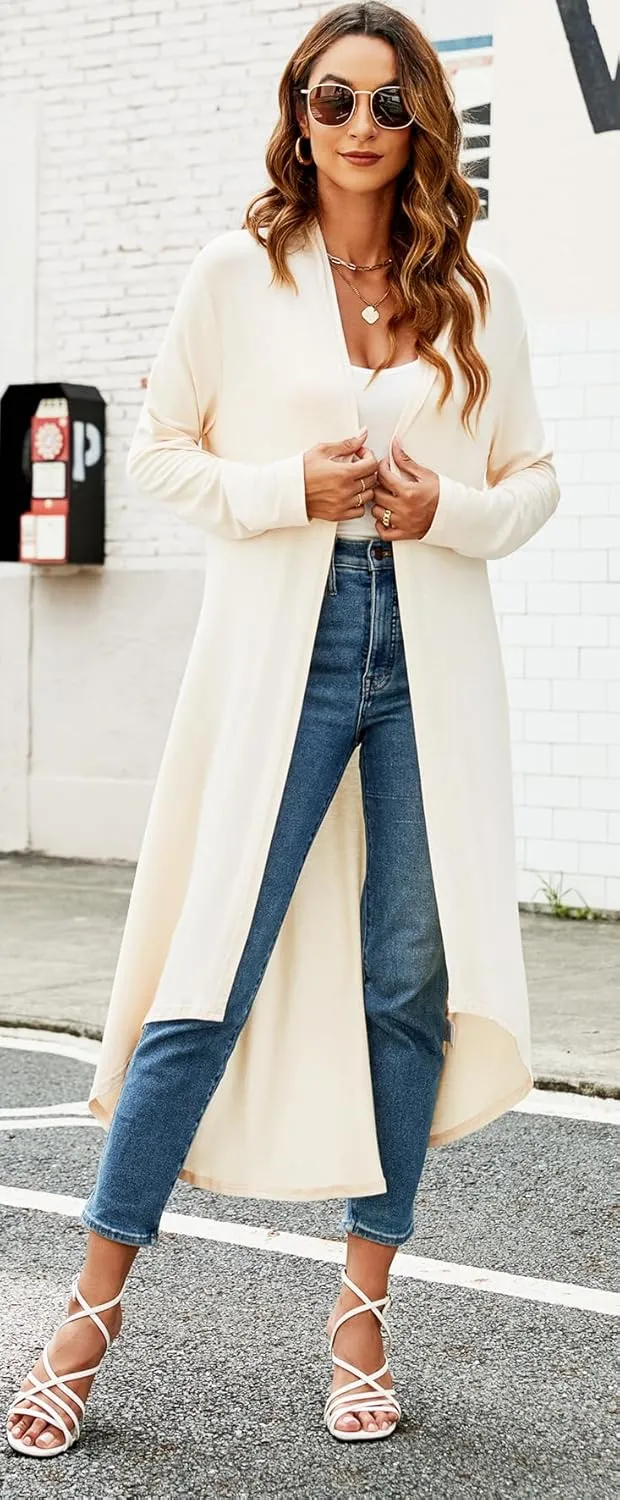 Newchoice Womens Long Cardigan Fall Casual Draped Open Front Lightweight Long Sleeve Cardigan Duster with Pockets