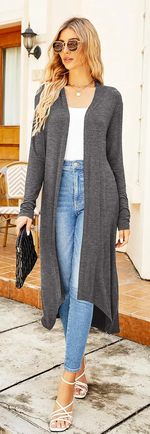 Newchoice Womens Long Cardigan Fall Casual Draped Open Front Lightweight Long Sleeve Cardigan Duster with Pockets
