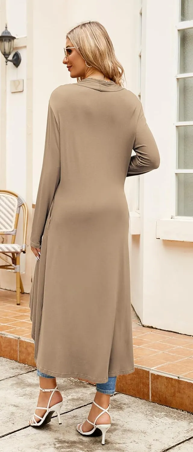 Newchoice Womens Long Cardigan Fall Casual Draped Open Front Lightweight Long Sleeve Cardigan Duster with Pockets
