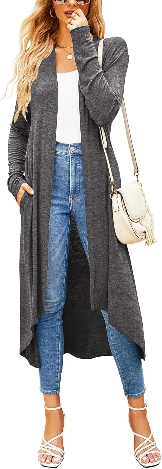 Newchoice Womens Long Cardigan Fall Casual Draped Open Front Lightweight Long Sleeve Cardigan Duster with Pockets