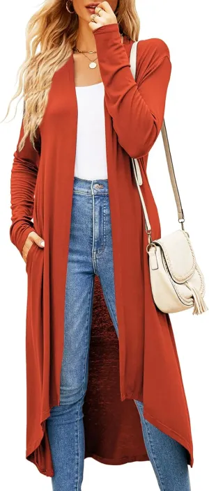 Newchoice Womens Long Cardigan Fall Casual Draped Open Front Lightweight Long Sleeve Cardigan Duster with Pockets