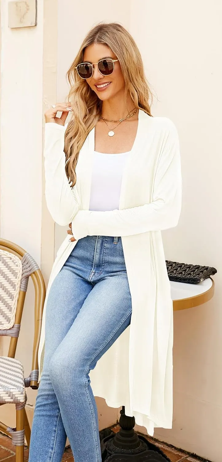 Newchoice Womens Long Cardigan Fall Casual Draped Open Front Lightweight Long Sleeve Cardigan Duster with Pockets