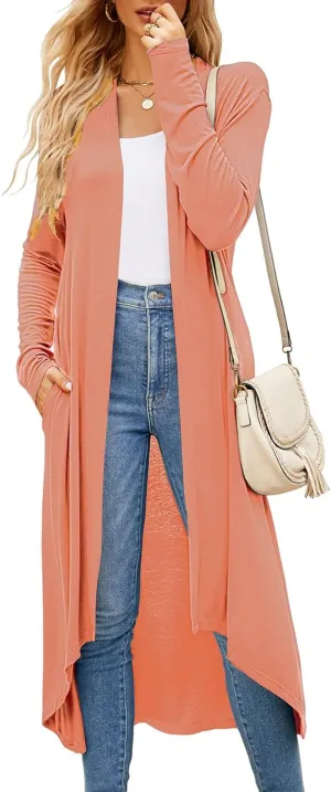 Newchoice Womens Long Cardigan Fall Casual Draped Open Front Lightweight Long Sleeve Cardigan Duster with Pockets