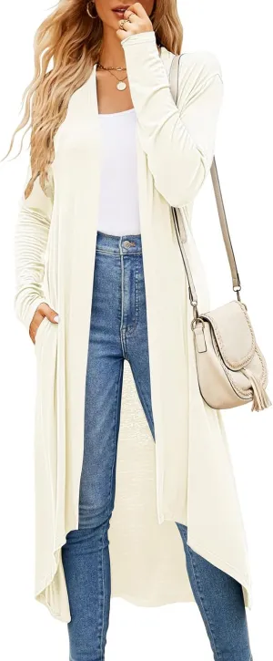 Newchoice Womens Long Cardigan Fall Casual Draped Open Front Lightweight Long Sleeve Cardigan Duster with Pockets
