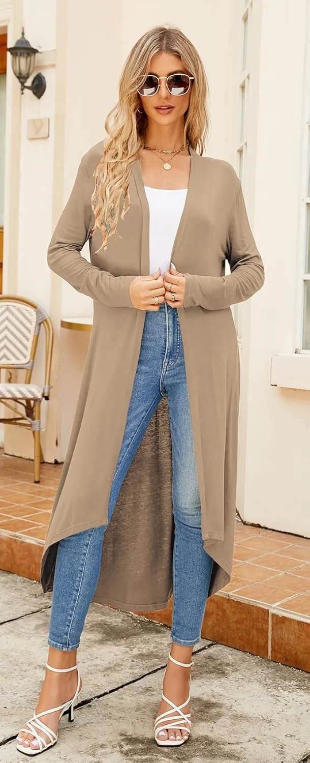 Newchoice Womens Long Cardigan Fall Casual Draped Open Front Lightweight Long Sleeve Cardigan Duster with Pockets