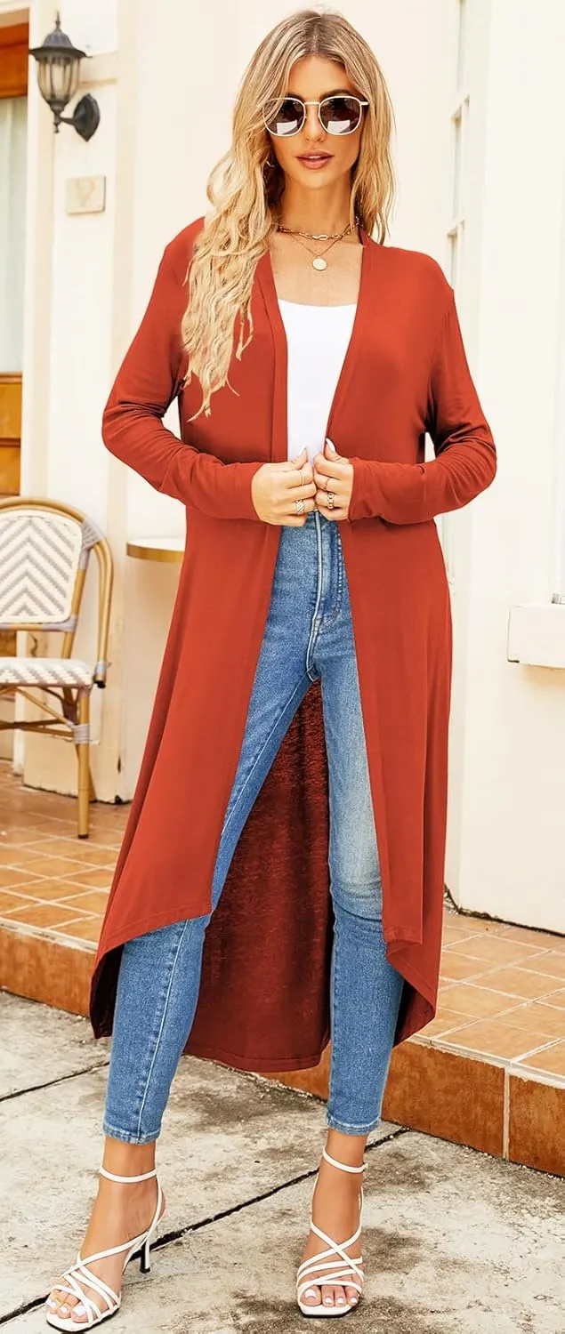Newchoice Womens Long Cardigan Fall Casual Draped Open Front Lightweight Long Sleeve Cardigan Duster with Pockets