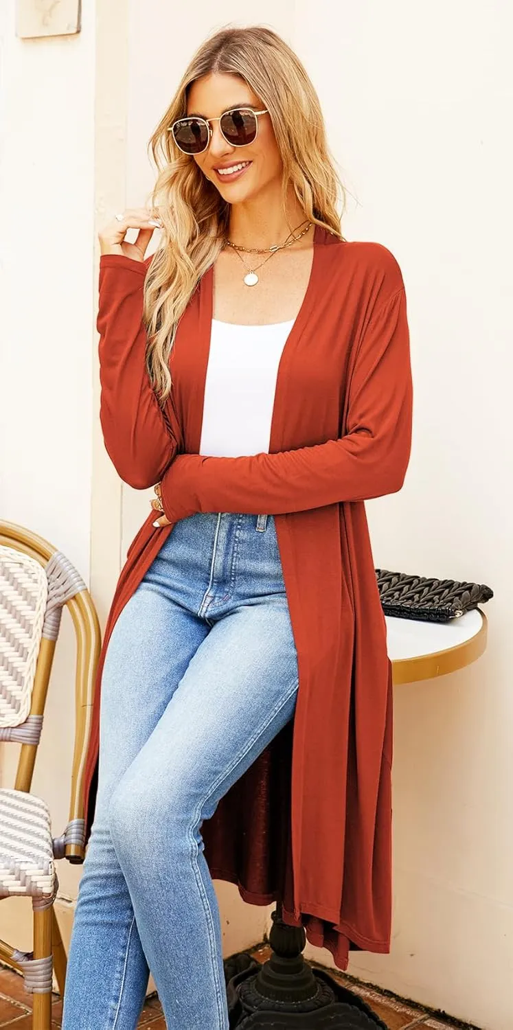 Newchoice Womens Long Cardigan Fall Casual Draped Open Front Lightweight Long Sleeve Cardigan Duster with Pockets