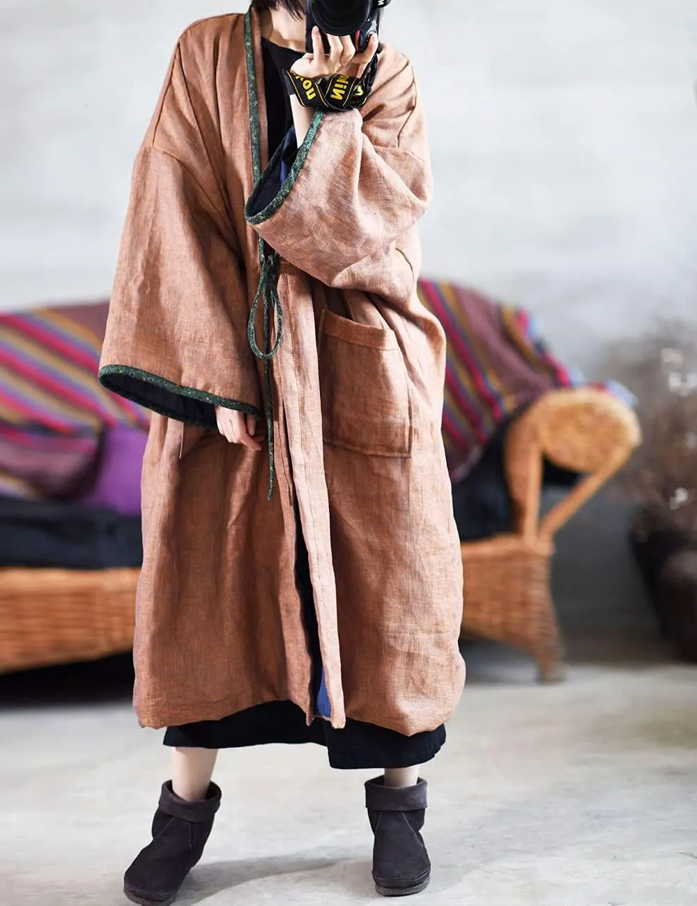 NFYM Women Vintage Trench Coat Autumn Long Sleeve Open Front Cardigan Coat Plus Size Long Jacket Overcoat Outwear