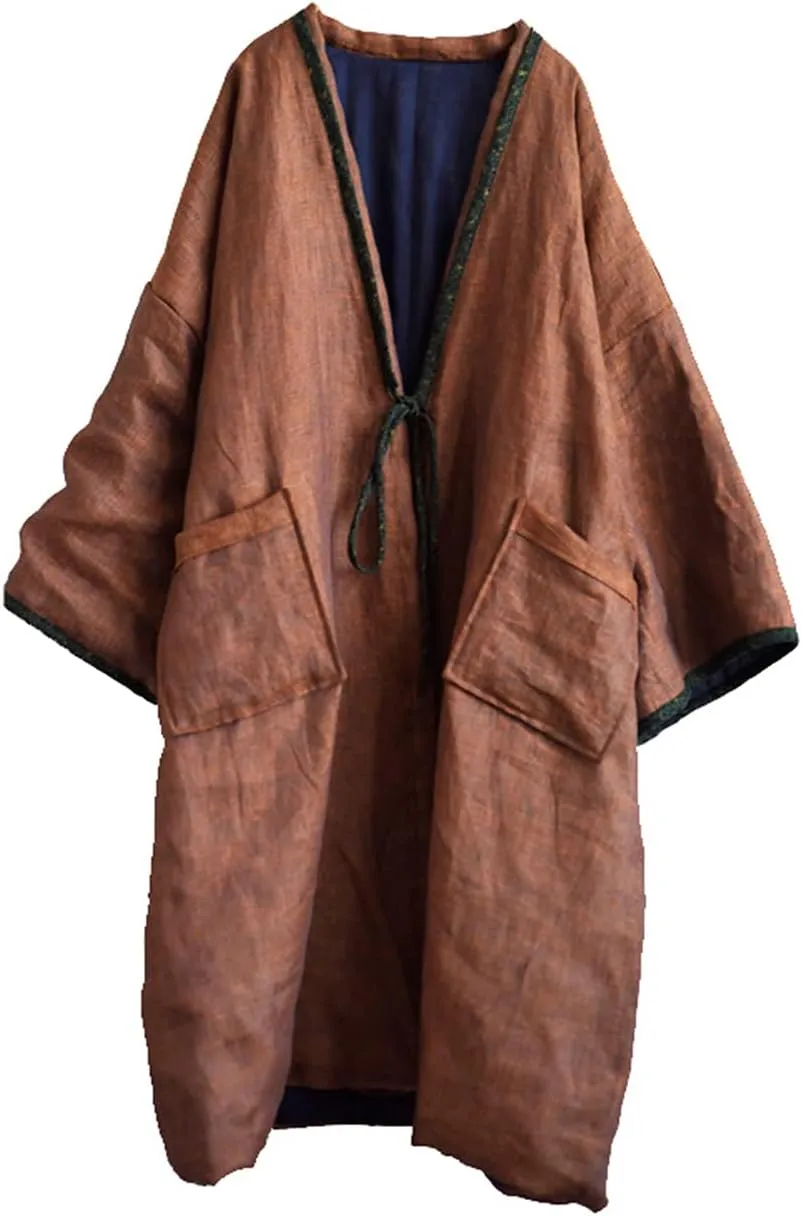 NFYM Women Vintage Trench Coat Autumn Long Sleeve Open Front Cardigan Coat Plus Size Long Jacket Overcoat Outwear