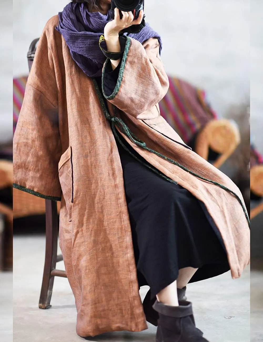 NFYM Women Vintage Trench Coat Autumn Long Sleeve Open Front Cardigan Coat Plus Size Long Jacket Overcoat Outwear