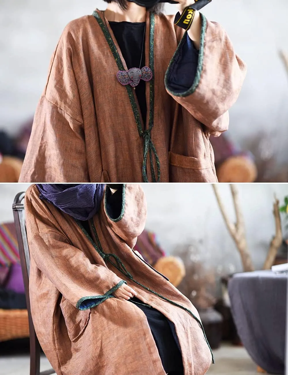 NFYM Women Vintage Trench Coat Autumn Long Sleeve Open Front Cardigan Coat Plus Size Long Jacket Overcoat Outwear