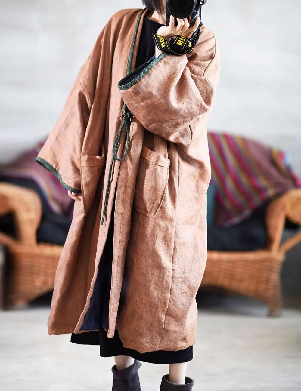 NFYM Women Vintage Trench Coat Autumn Long Sleeve Open Front Cardigan Coat Plus Size Long Jacket Overcoat Outwear