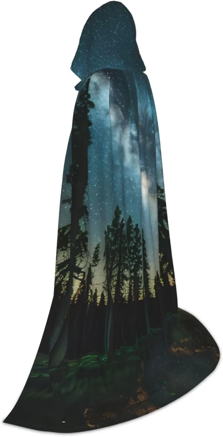 Night Sky With Trees Hooded Cloak Coat Winter Warm Long Cloak Cosplay Costumes Outerwear Carnivals Hoodies Capes