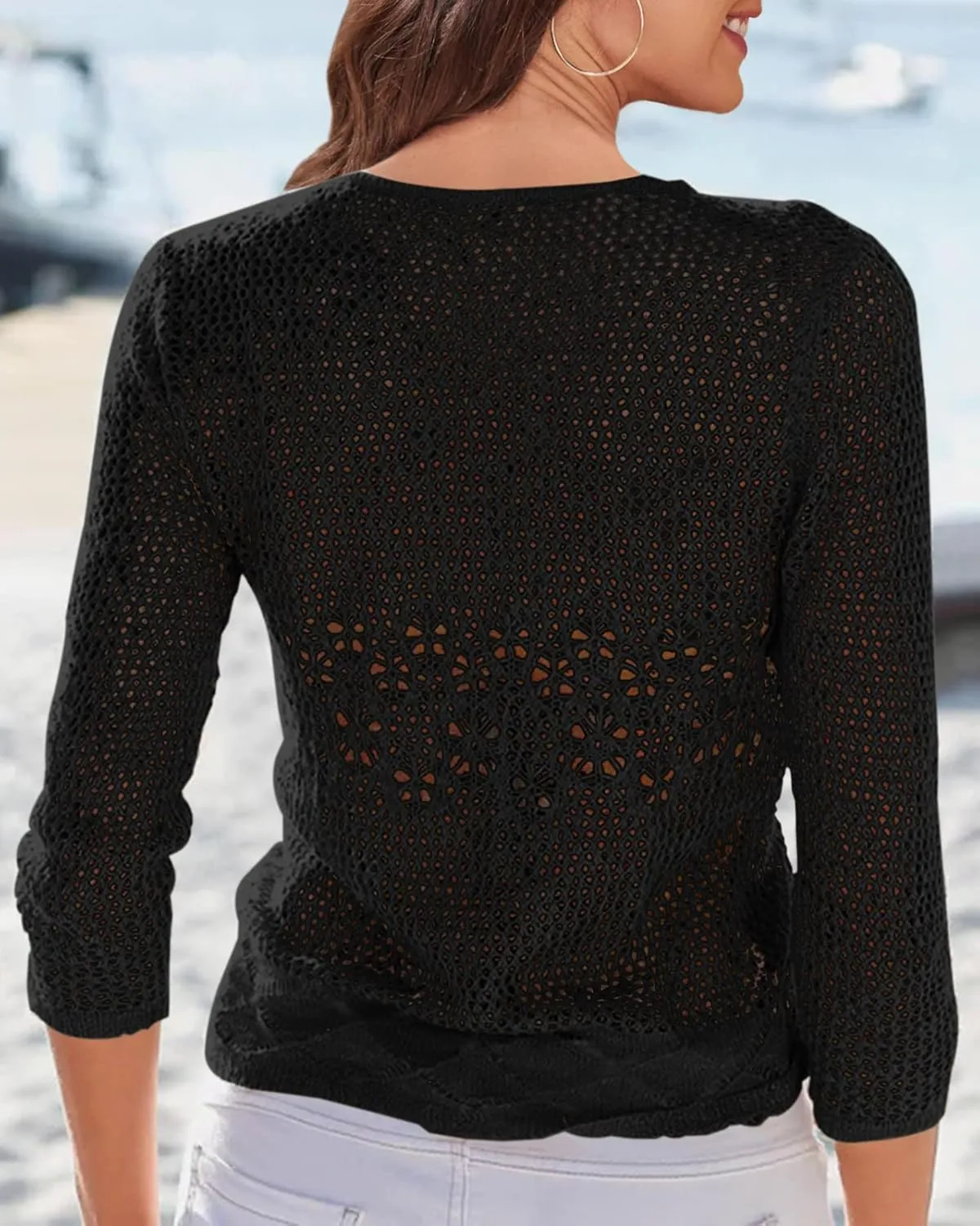 Nulibenna Womens Sheer Shrug Sweaters 3/4 Sleeve Open Front Tie Cardigan Bolero Jacket Lightweight Crochet Knit Cover Up Tops