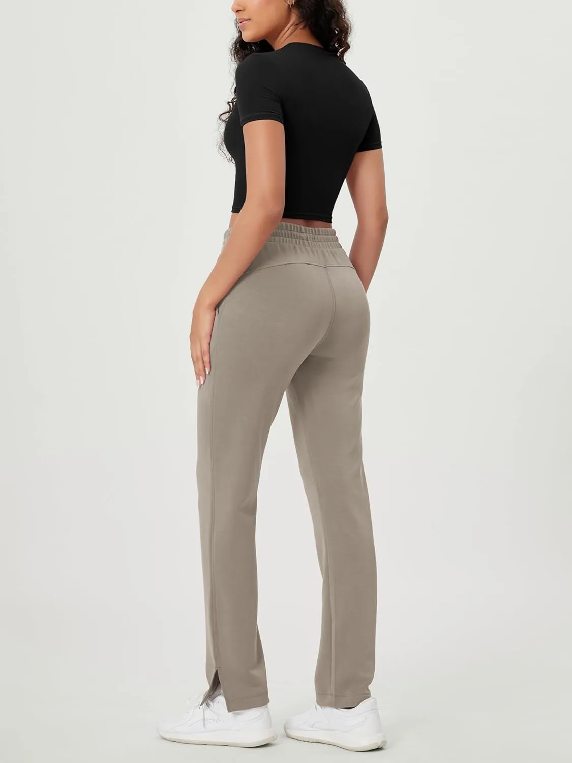 ODODOS Women's Modal Soft Split-Hem High Waist Pants with Pockets Adjustable Shockcord Casual Lounge Pants