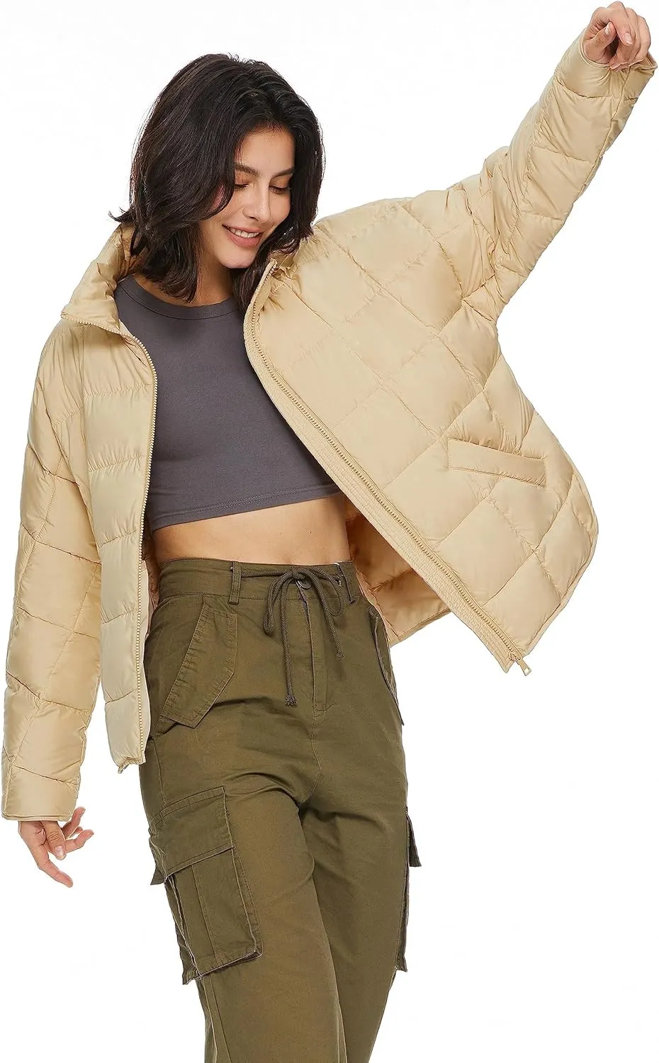 Orolay Women's Cropped Puffer Jacket Quilted Lightweight Oversized Down Coat Zip Up Spring Short Padded Outwear