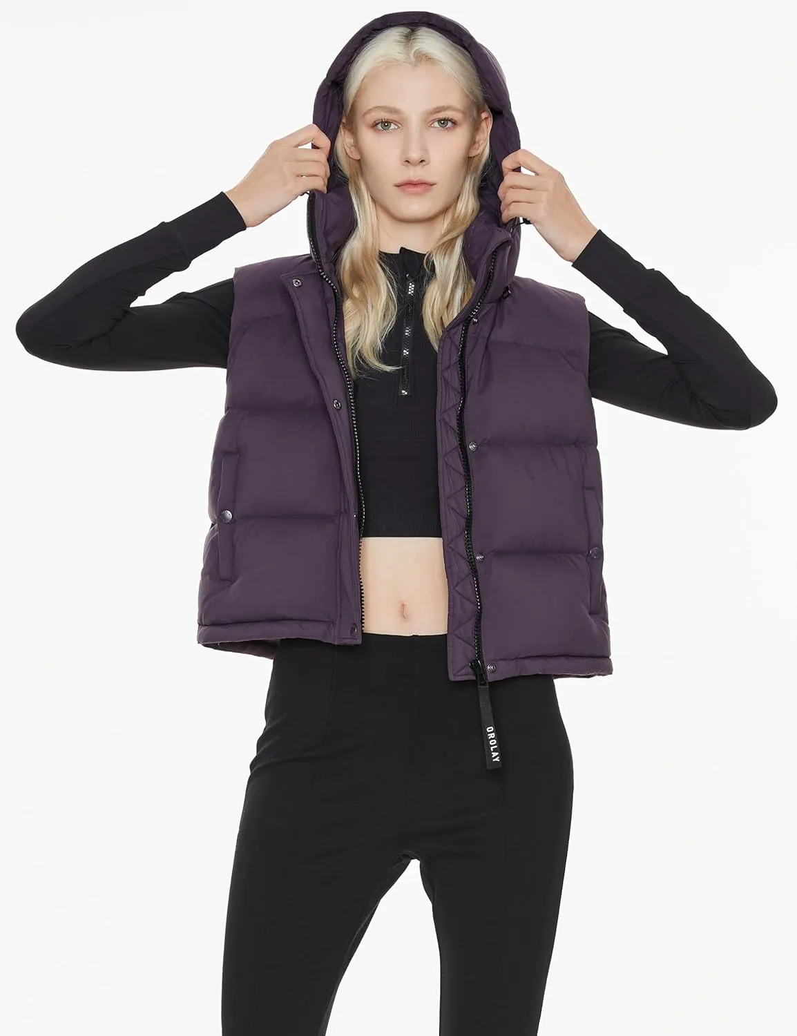Orolay Women's Cropped Puffer Vest - Hooded Sleeveless Down Jacket Stand Collar Gilet with Pockets
