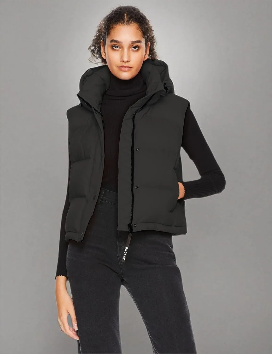 Orolay Women's Cropped Puffer Vest - Hooded Sleeveless Down Jacket Stand Collar Gilet with Pockets