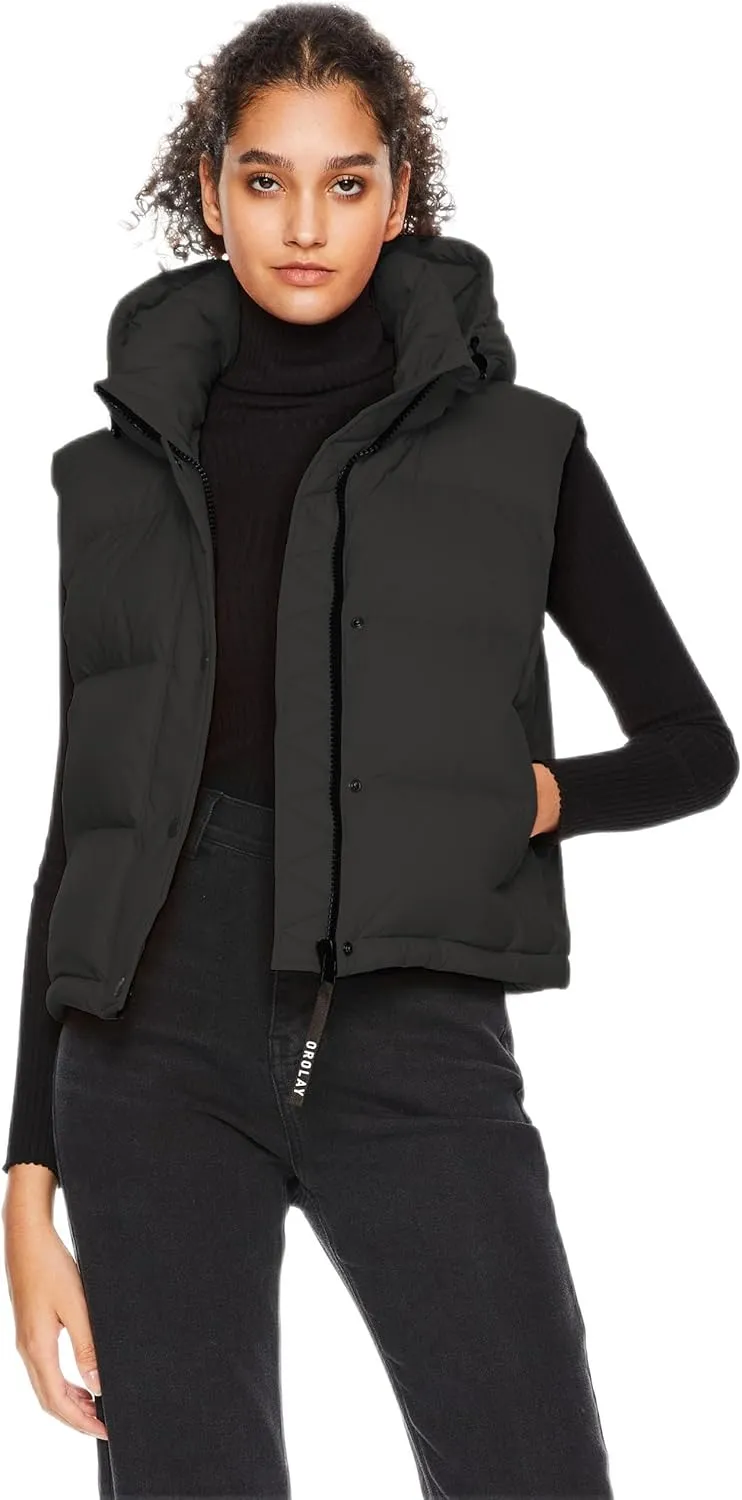 Orolay Women's Cropped Puffer Vest - Hooded Sleeveless Down Jacket Stand Collar Gilet with Pockets