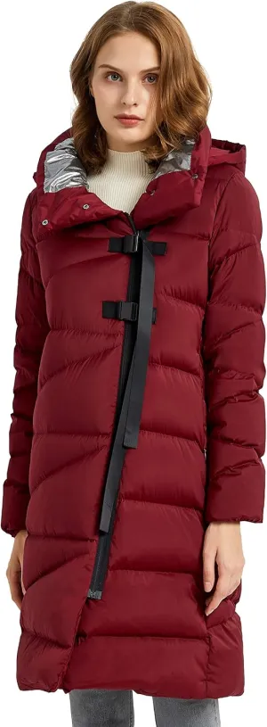 Orolay Women's Hooded Down Jacket Long Winter Coat Asymmetric Puffer Jacket