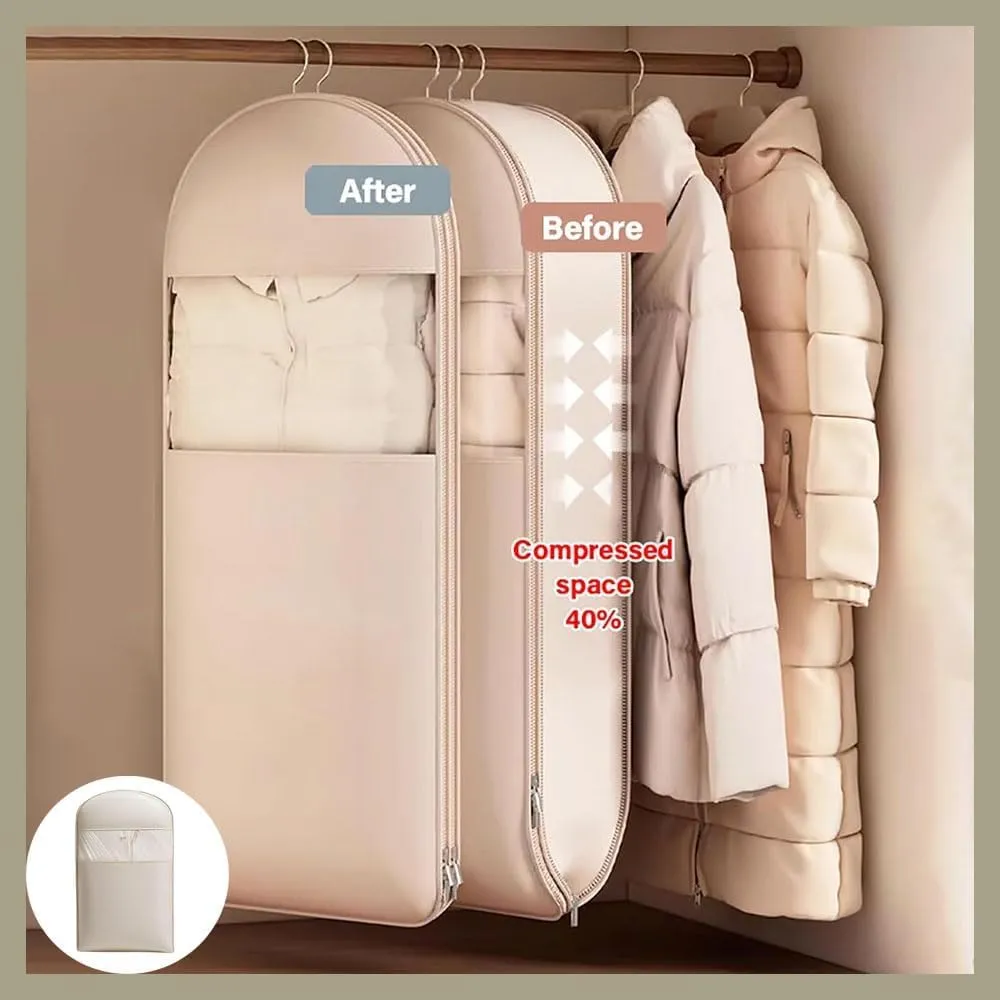 Otherwise Garment Bag, 2025 Space Saving Hanging Garment Bag with Self Compression Zipper, Dust Cover Clothes Bags for Down Coat (Beige, Large)