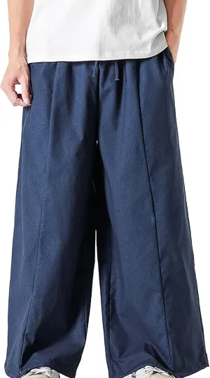 Oversized Flowy Harem Pants for Men Plus Size Loose Fit Soft Pocket Drawstring Waist Wide Leg Cotton Lounge Trousers(Navy,Large)