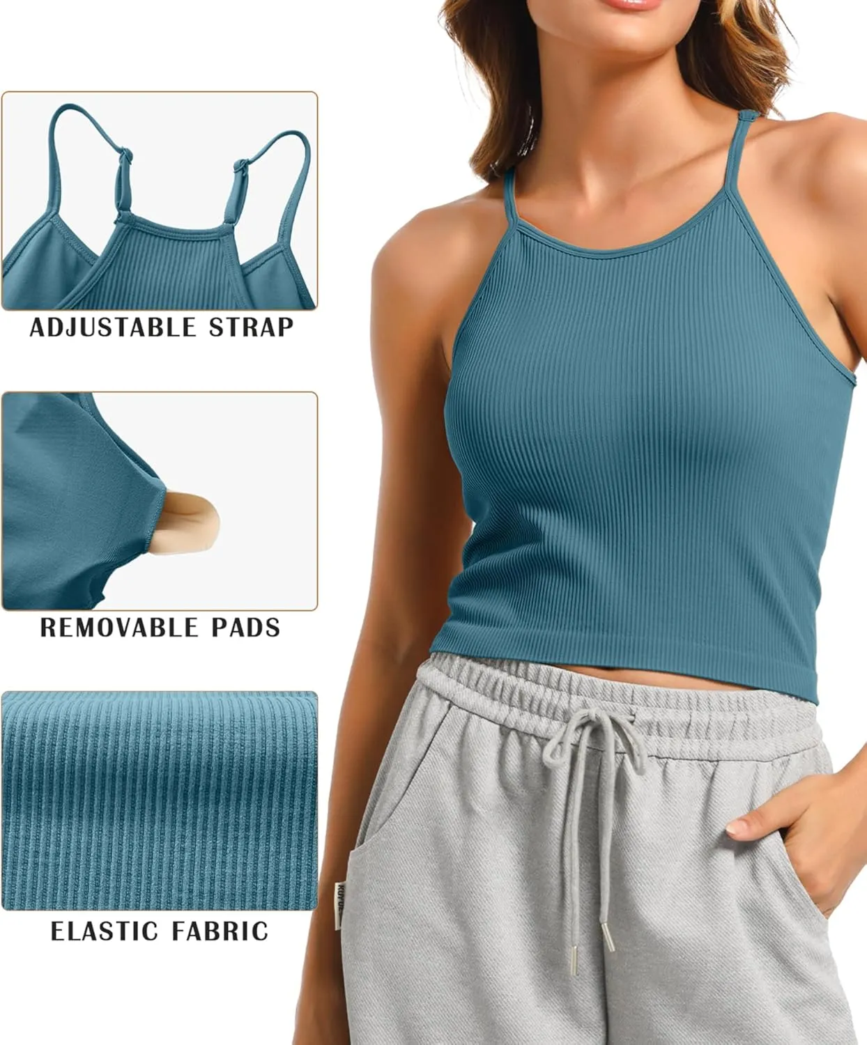 OVESPORT 2Pack Workout Tank Tops for Women with Built in Bras Seamless Adjustable Spaghetti Strap Sports Bra Yoga Casual Tops