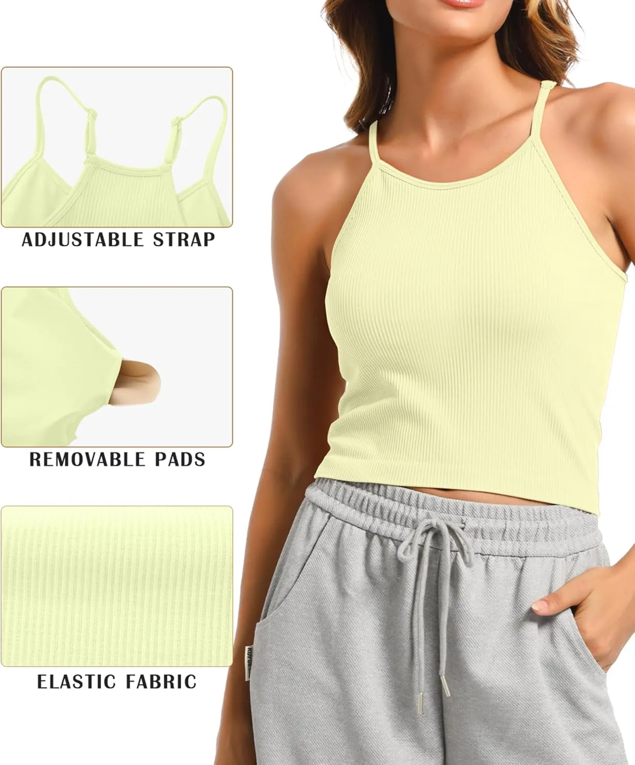OVESPORT 2Pack Workout Tank Tops for Women with Built in Bras Seamless Adjustable Spaghetti Strap Sports Bra Yoga Casual Tops